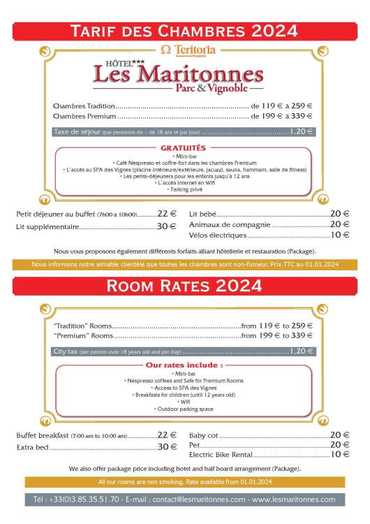 Tarif des chambres Hôtel Les Maritonnes