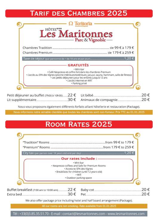 Tarif des chambres Hôtel Les Maritonnes